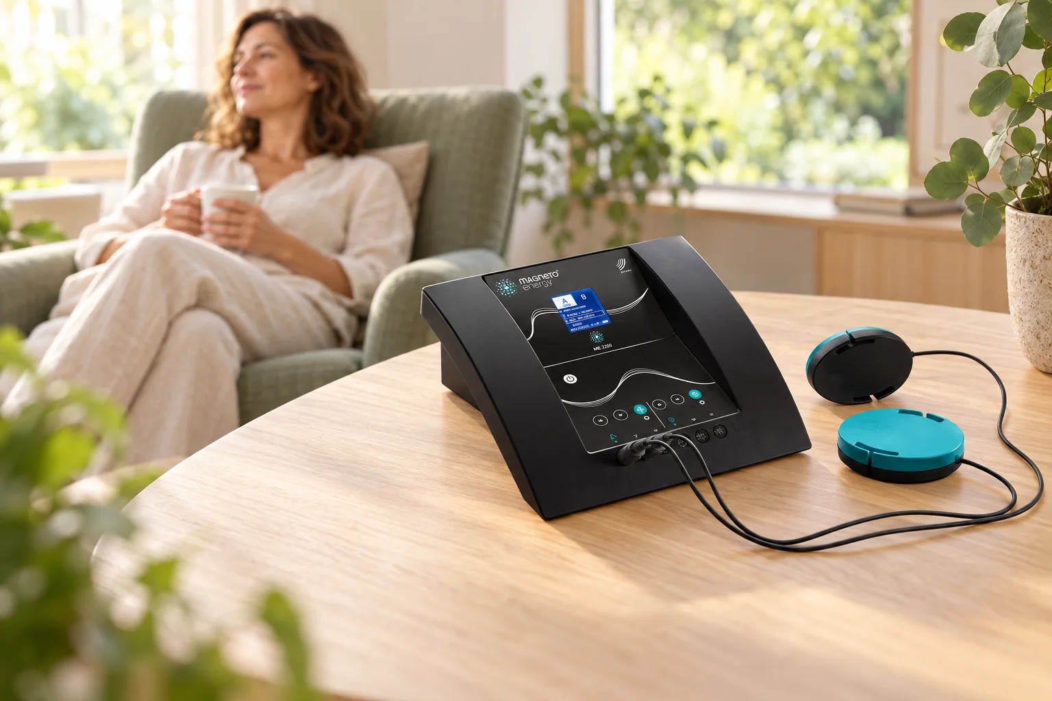 Illustration de l’appareil Magneto Energy ME2200 dans une ambiance de cabinet apaisante